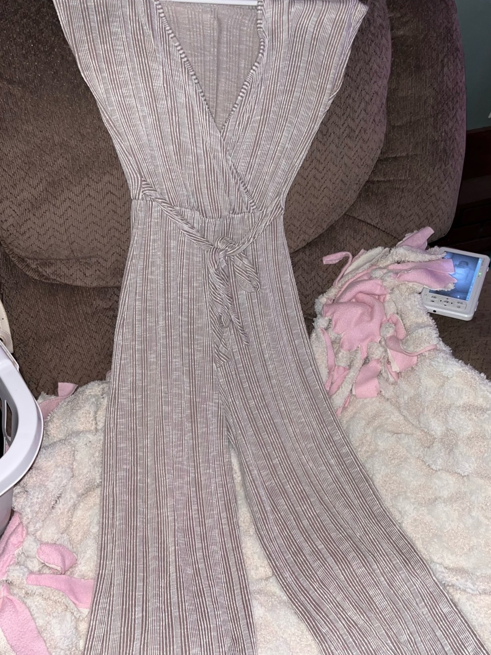 Sleeveless Taupe Ribbed Wrap Jumpsuit with Tie Waist